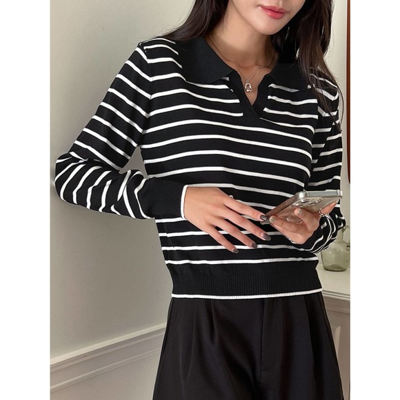 black white preppy Striped print Collared v neck Sweater - Picture 8 of 11